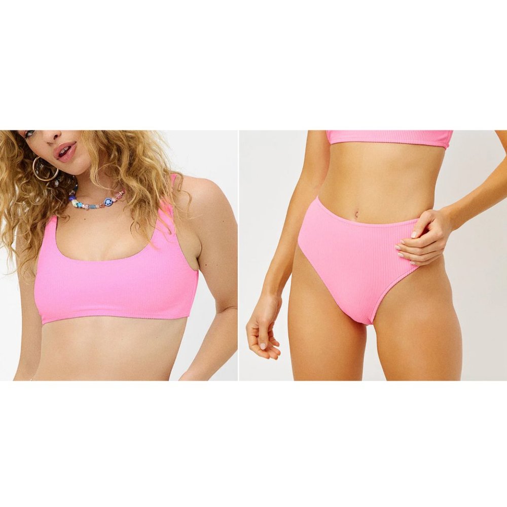 Frankie's Bikinis Pink Ribbed Scoop Bikini Top & High Waist Bottom